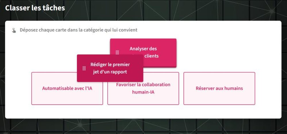 Capture d'écran d'un module : un exercice de classement où l'apprenant dépose des cartes dans la bonne catégorie.