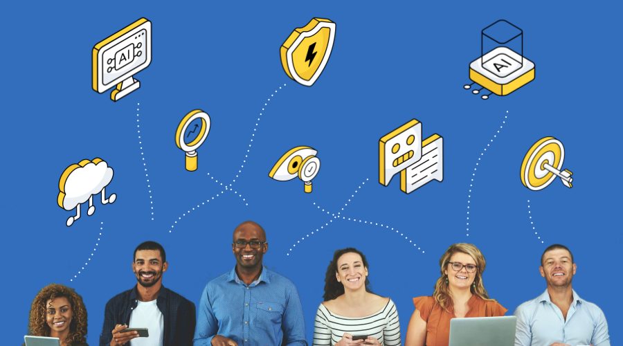 Six collaborateurs souriants, tablette ou téléphone en main, entourés d'icônes du numérique et de l'IA.